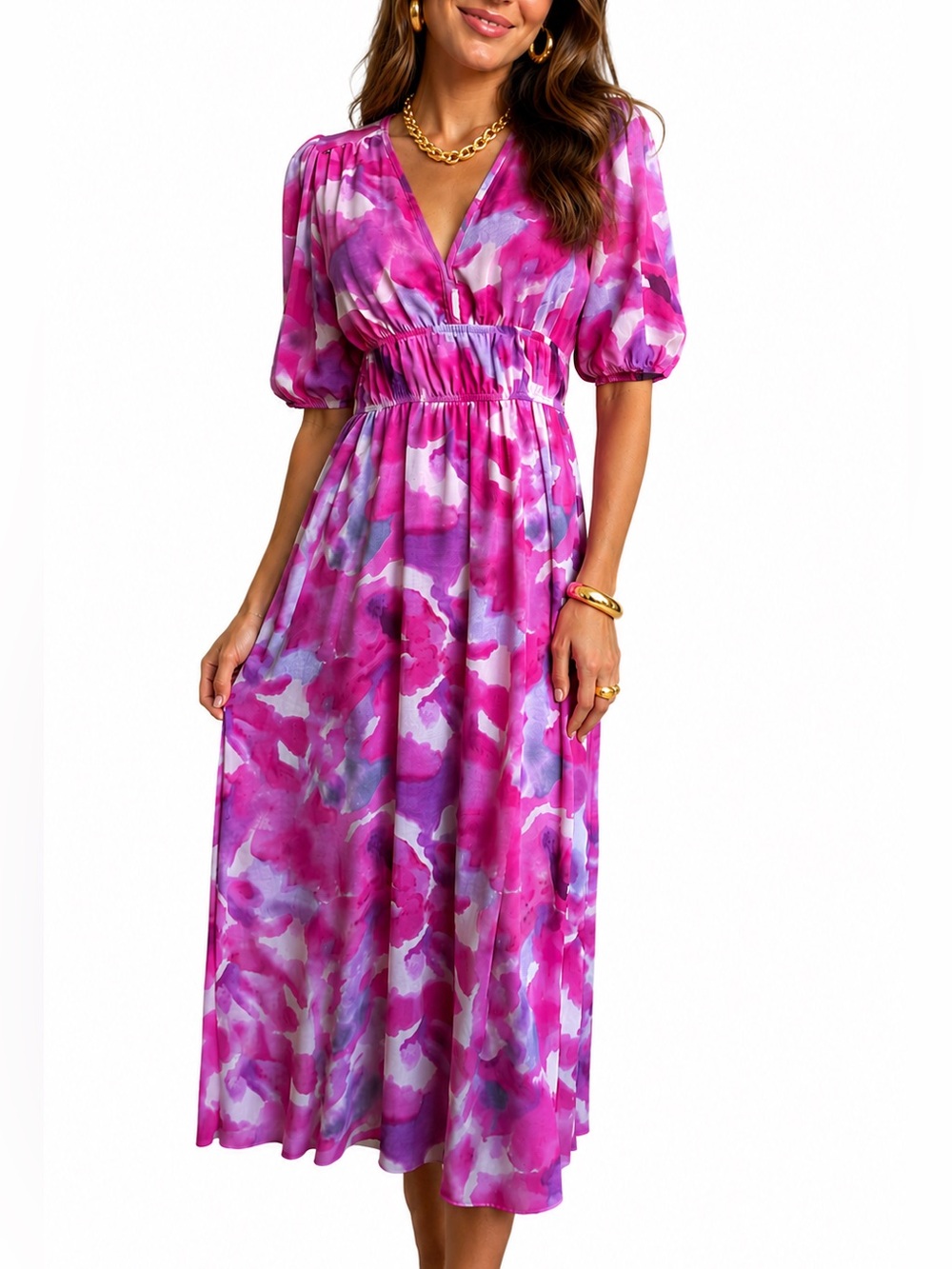Pink Watercolor Floral Print Empire Waist Midi Dress w V-Neck & Puff Sleeves
